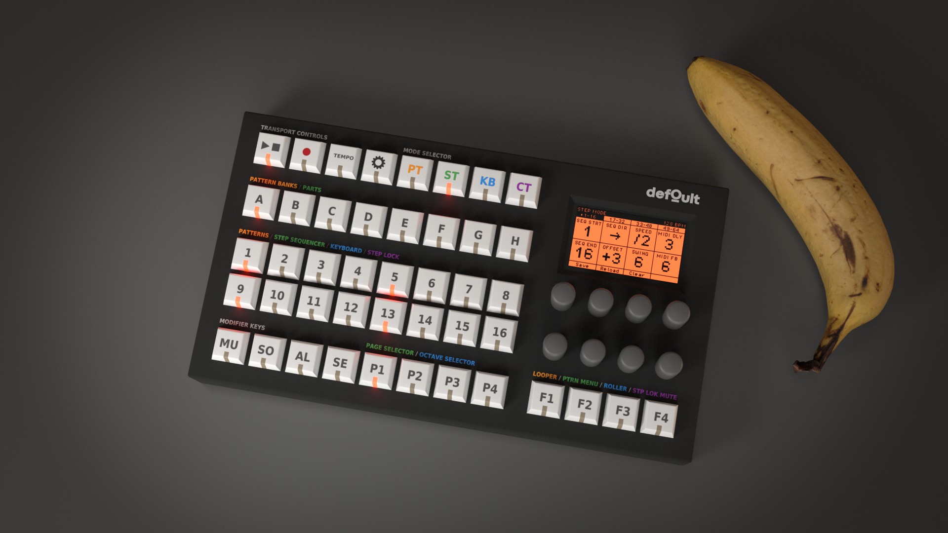 defOult hardware prototype — sequencer panel layout